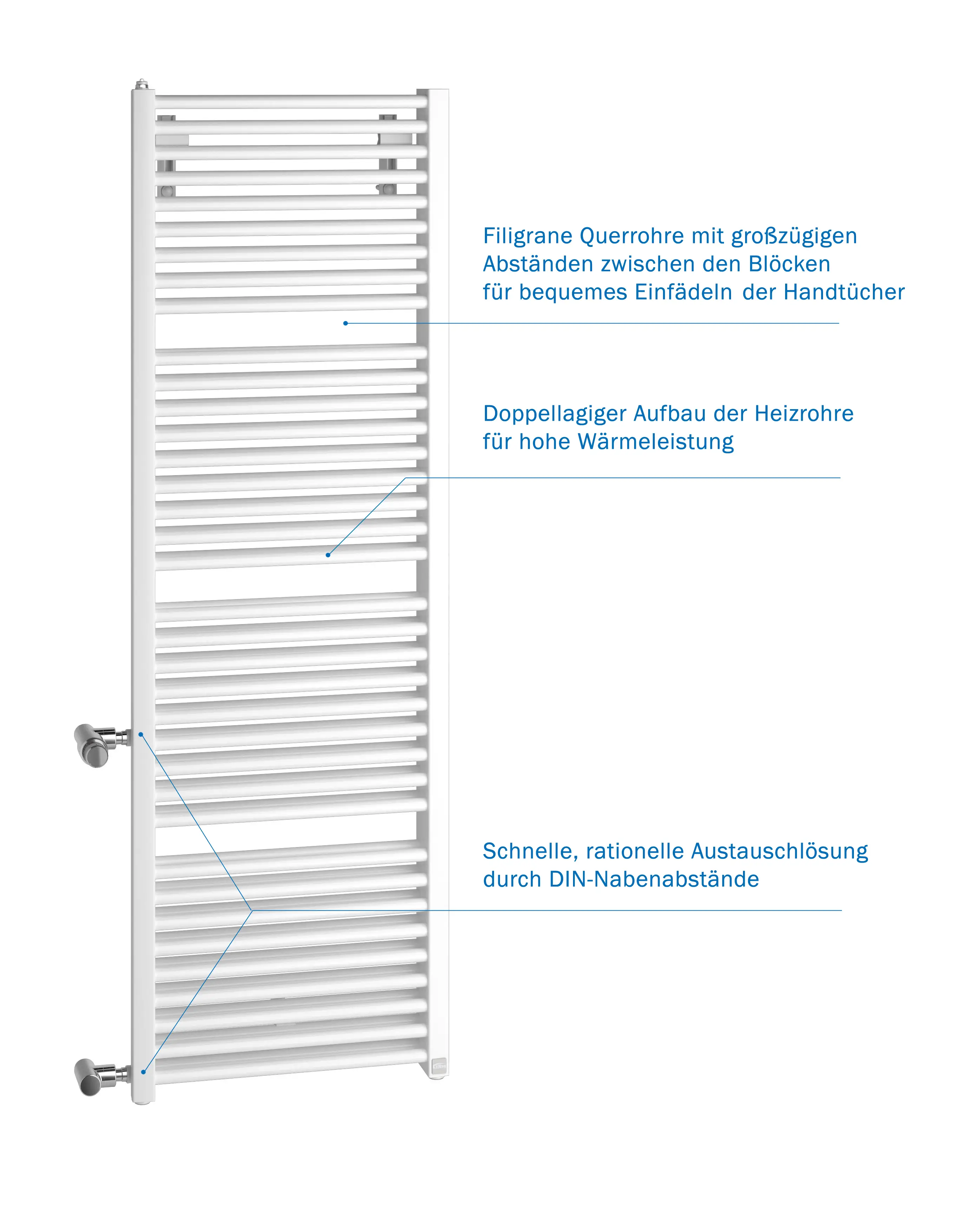 Weißer Kermi-Heizkörper mit horizontalen Heizrohren, dafür optimierte Abstände zum bequemen Einfädeln von Handtüchern und schneller Austauschbarkeit durch DIN-Nabenabstände.